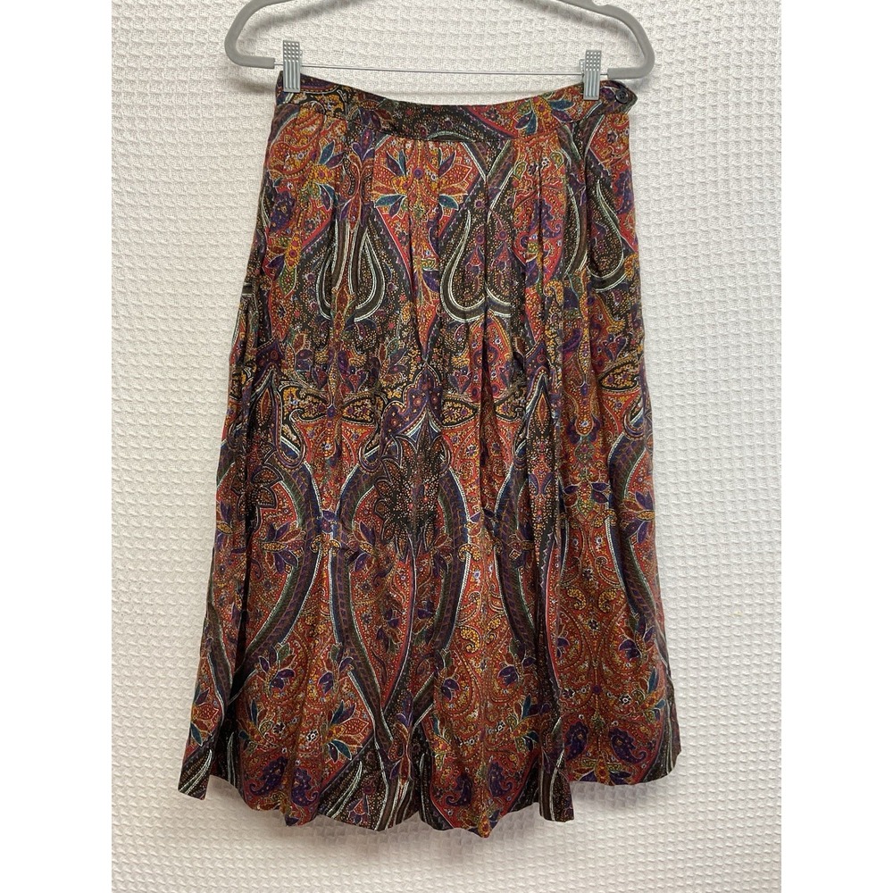 VTG Lands End 100% Wool Pleated Paisley Midi Skirt Size 16 Fits Small 28"Waist‎